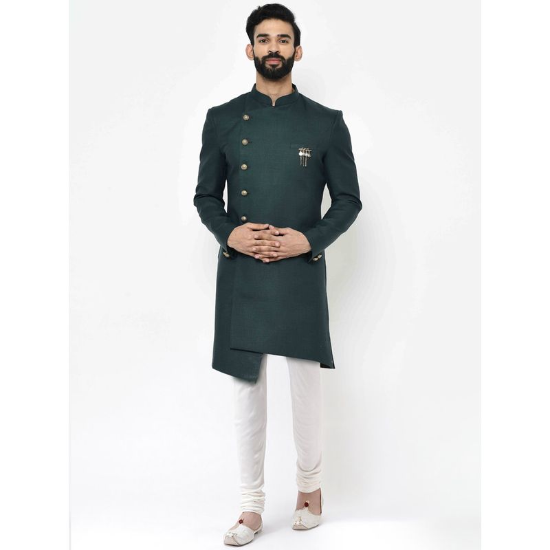 KISAH Men Olive green Solid Cotton Blend Indowestern Sherwani Churidar Set (40)