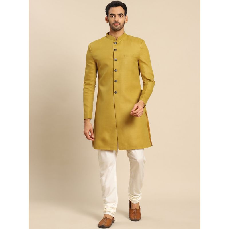 KISAH Men Mustard Yellow Solid Cotton Blend Indowestern Sherwani Churidar Set with Zari Design (42)