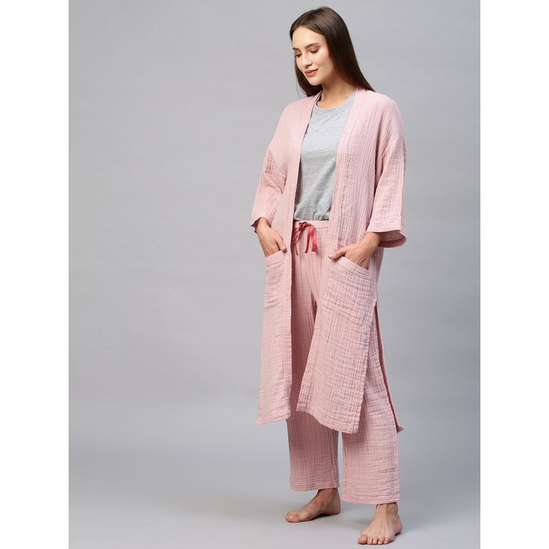 Chemistry Double Fabric Crinkle Lounge Payjama & Tee with Kimono Wrap - Pink (Set of 3) (3XL)