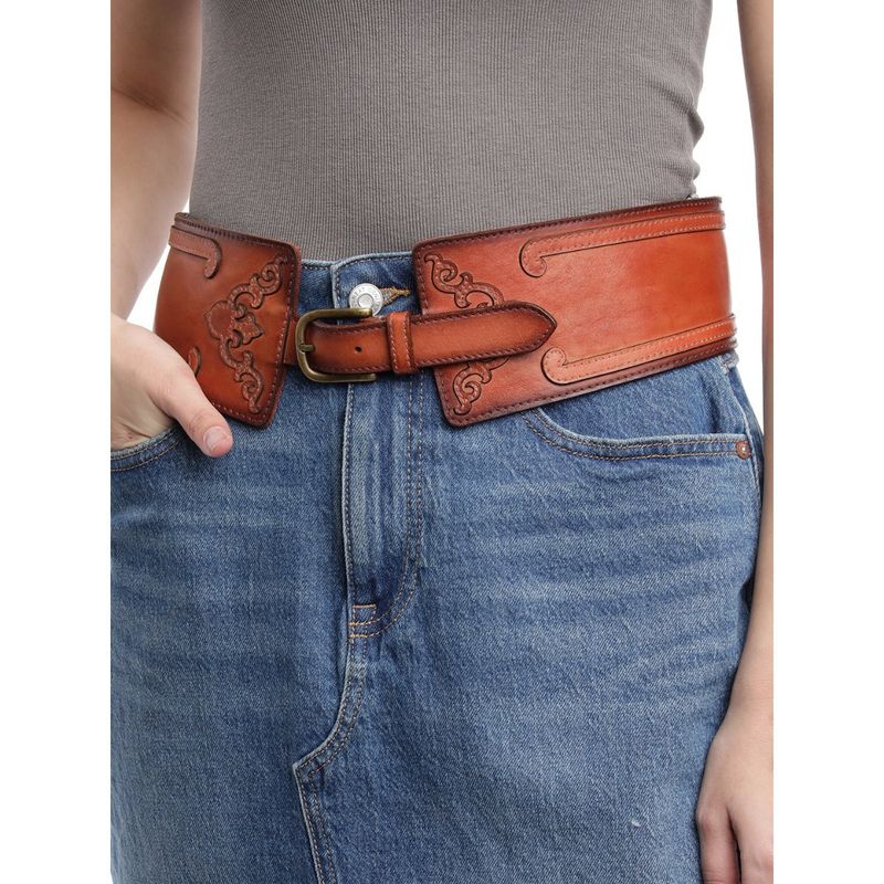 ART N VINTAGE Women Semi Formal Leather Embroidered Tan Belt (28)