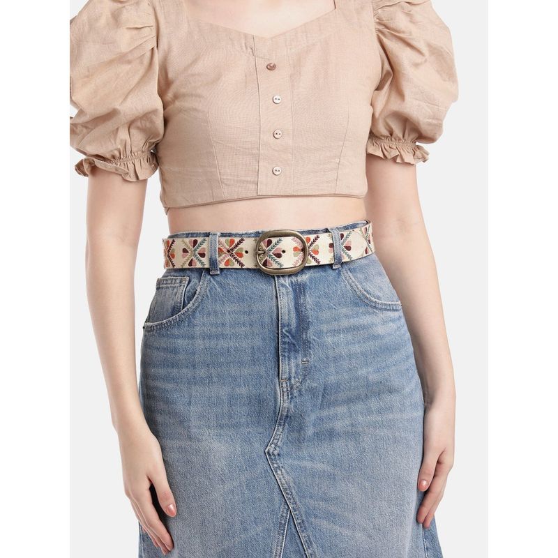 ART N VINTAGE Women Semi Formal Leather Printed Off White Belt (28)