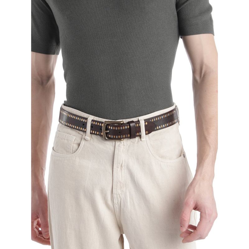 ART N VINTAGE Men Semi Formal Leather Embellished Sequined Brown Belt (30)