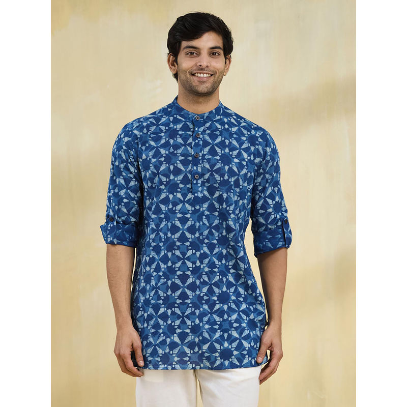 Fabindia Blue Cotton Dabu Printed Slim Fit Short Kurta (XS)
