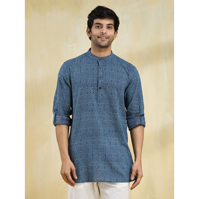 Fabindia Blue Cotton Hand Block Printed Slim Fit Short Kurta (XS)