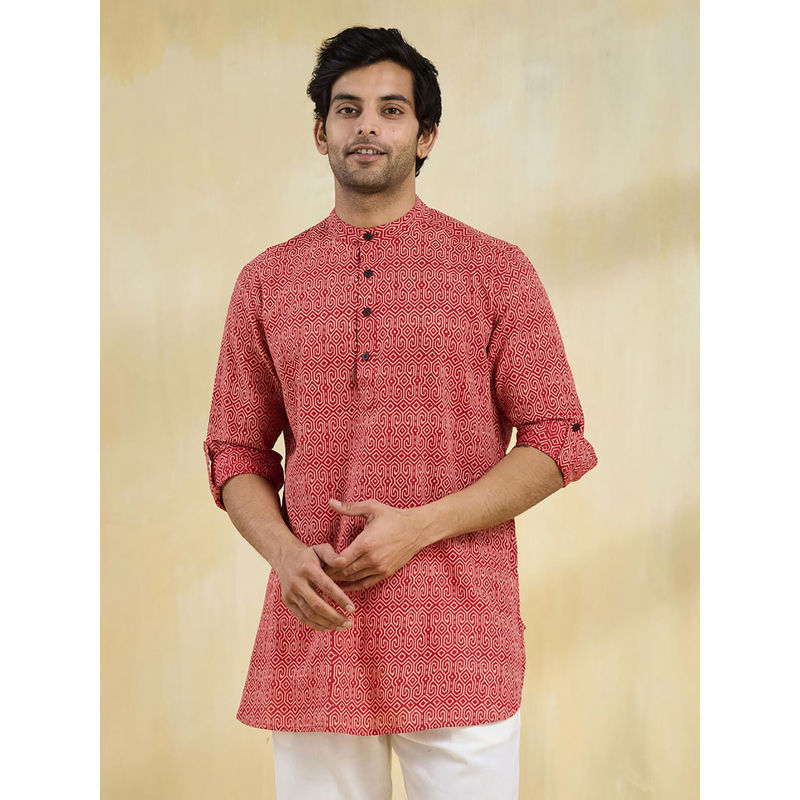 Fabindia Red Cotton Hand Block Printed Slim Fit Short Kurta (XS)