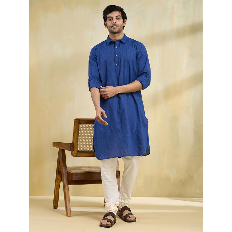 Fabindia Blue Cotton Striped Slim Fit Pathani Kurta (XS)