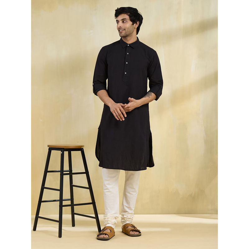 Fabindia Black Cotton Striped Slim Fit Pathani Kurta (XS)