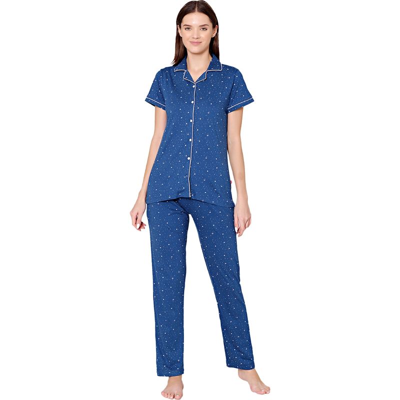 Bodycare Womens Cotton Printed Night Suit of Shirt & Pyjama -BSNS18001 Blue (Set of 2) (M)