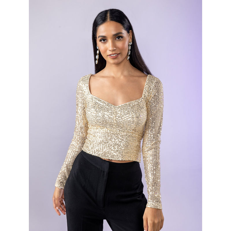 Twenty Dresses by Nykaa Fashion Gold Sequin V Neck Short Top (S)