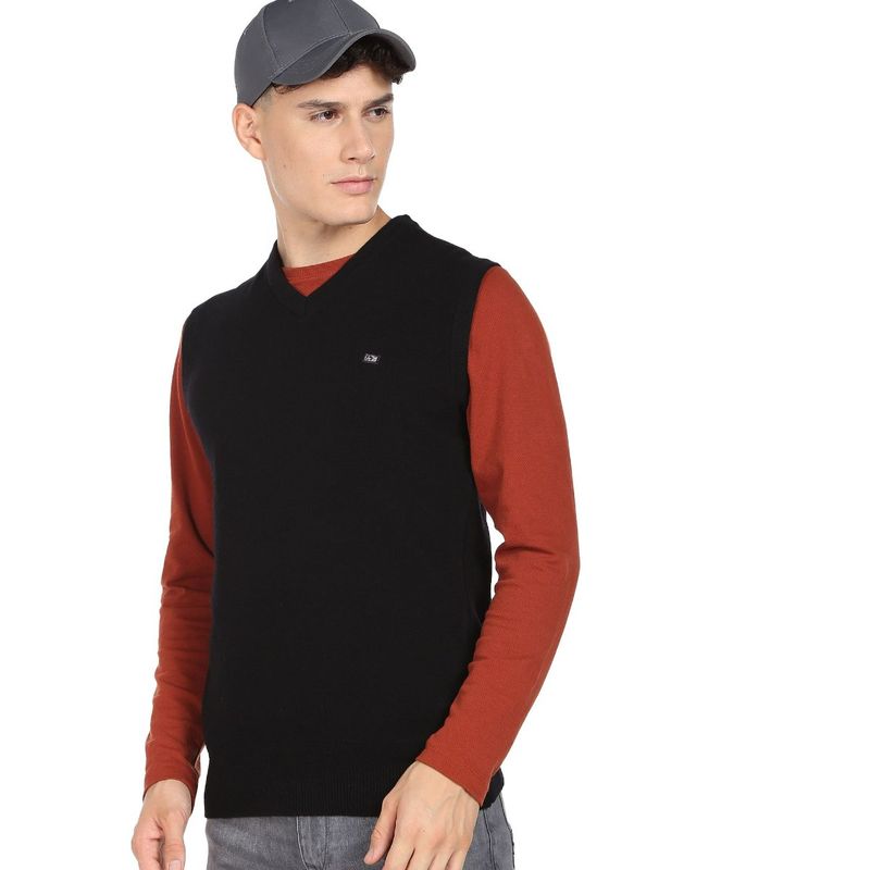 Arrow Sports Men Black V-Neck Sleeveless Solid Sweater (S)