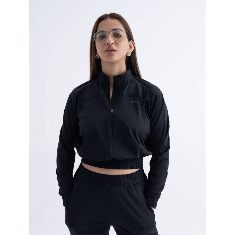 STRCH Black Solid Regular Fit Full Sleeve Crop Jacket (L)