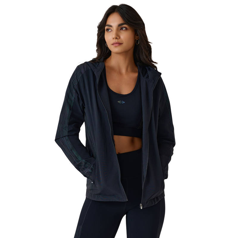 STRCH Jet Black Regular Fit Full Sleeve Hooded Athlete Jacket (L)