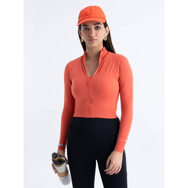STRCH Coral Solid Regular Fit Full Sleeve Crop Jacket (XL/2XL)