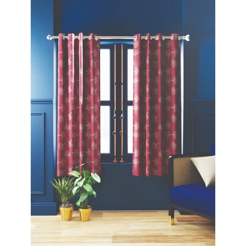 BIANCA 100% Blackout Thermal Insulated Noise Reducing Eyelet Curtain 2 Pcs Floral Maroon (5 Feet)