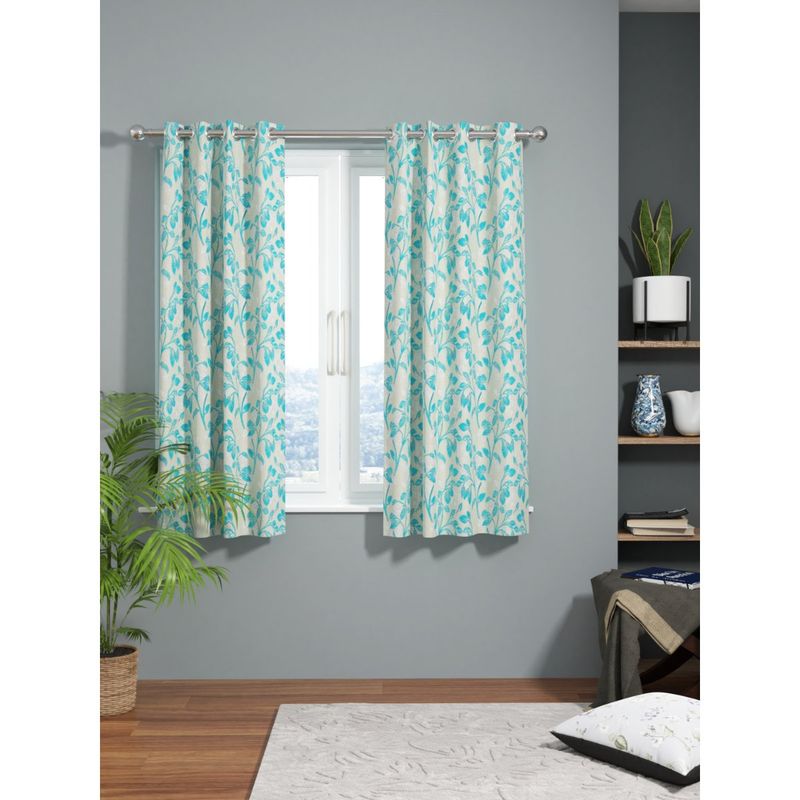 BIANCA Kopa Jacquard Room Darkening Eyelet Curtain 2 Pcs Floral Turquoise-Silver (5 Feet)