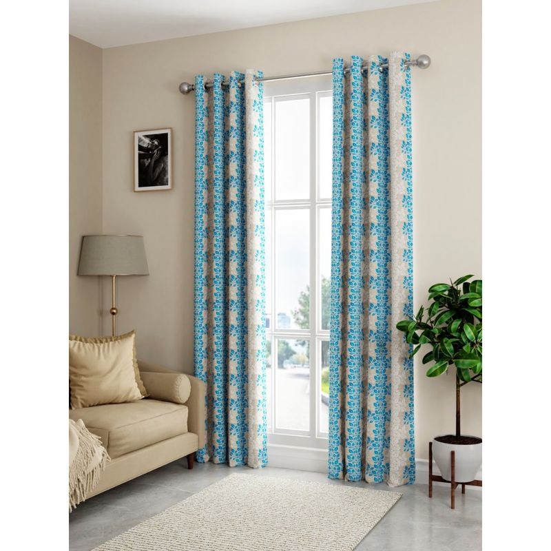 BIANCA Kopa Light Filtering Polyester Eyelet Curtains 2 Pcs (Santoro) Beige-Turquoise (7 Feet)