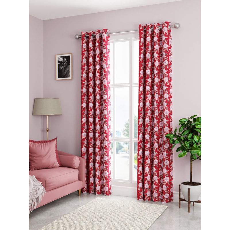 BIANCA Kopa Light Filtering Polyester Eyelet Curtains 2 Pcs (Santoro) Floral Red-Pink (7 Feet)