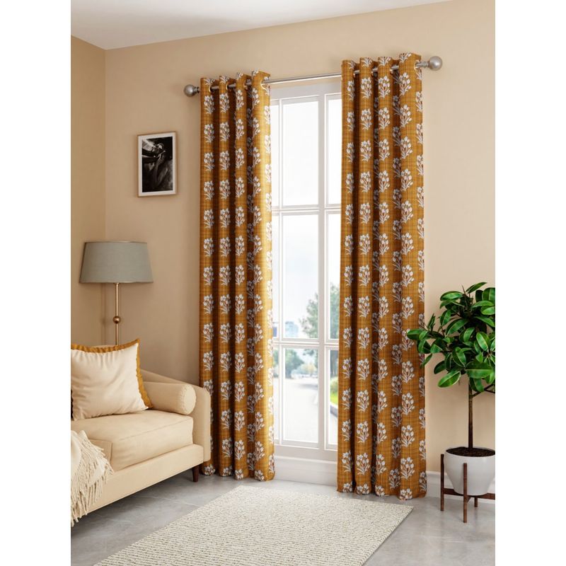 BIANCA Kopa Light Filtering Polyester Eyelet Curtains 2 Pcs (Santoro) Floral Ochre (7 Feet)