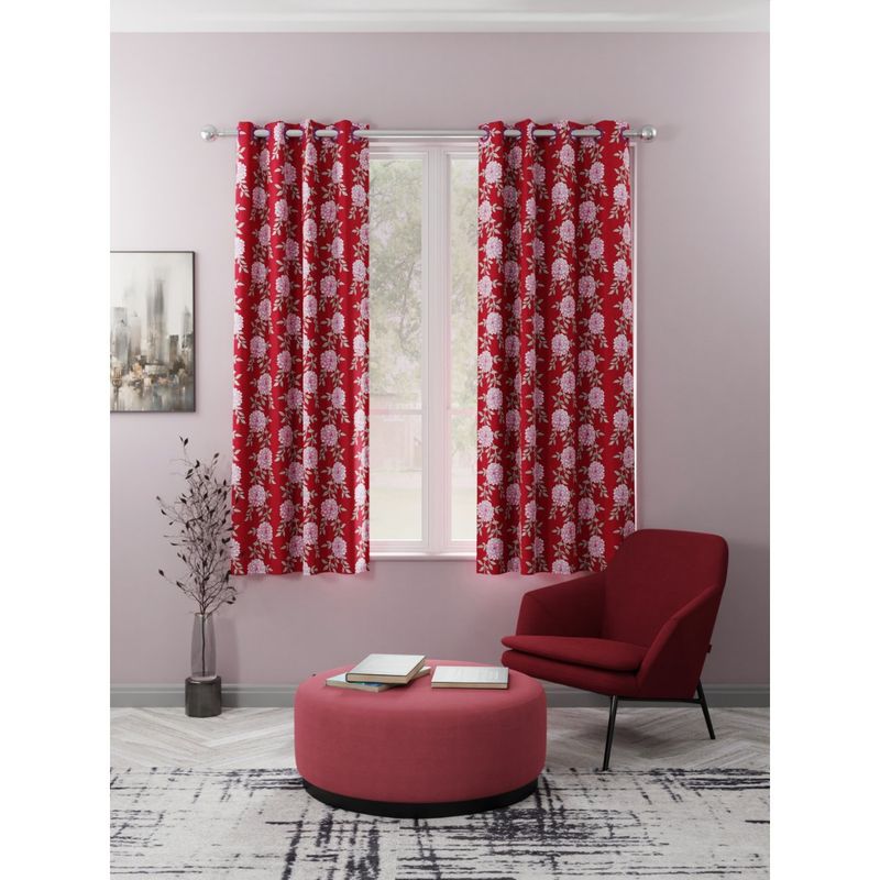 BIANCA Kopa Light Filtering Polyester Eyelet Curtains 2 Pcs (Santoro) Floral Red-Pink (5 Feet)