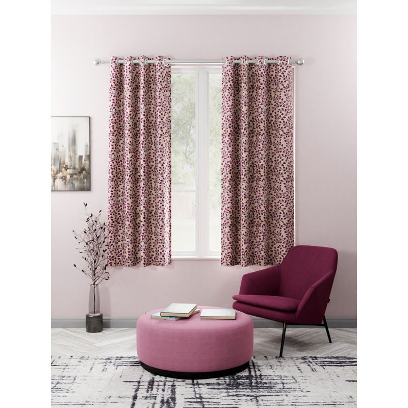 BIANCA Kopa Light Filtering Polyester Eyelet Curtains 2 Pcs (Santoro) Floral Beige-Maroon (5 Feet)