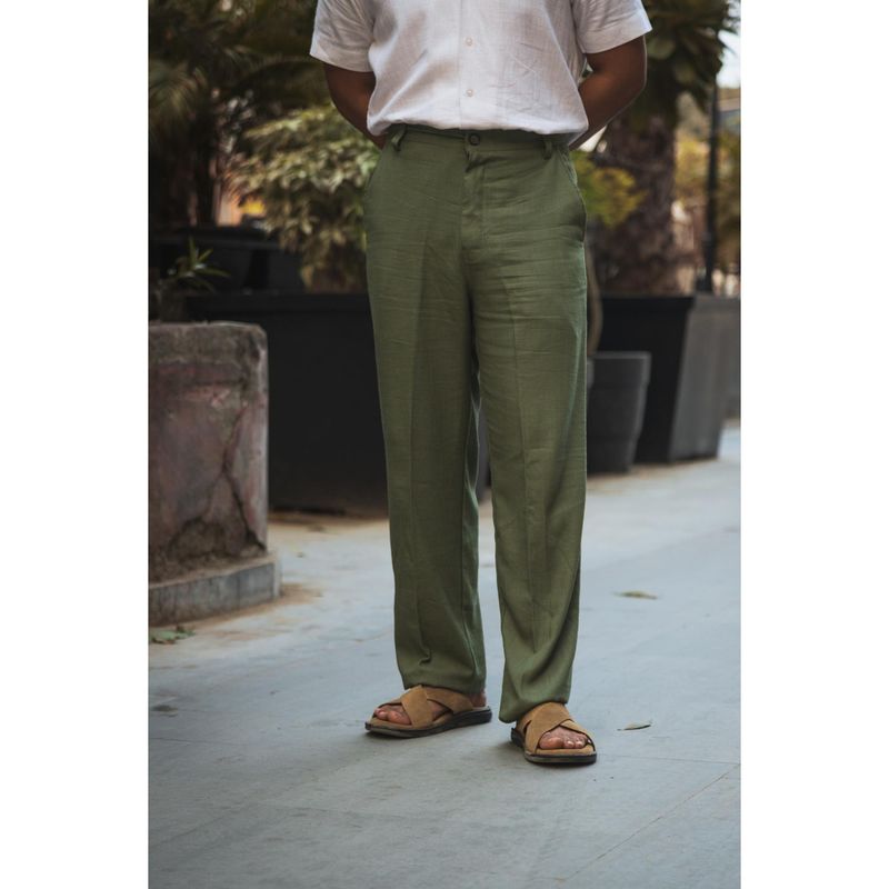 JAVINISHKA Olive Green High Waist Korean Fit Linen Trouser (28)