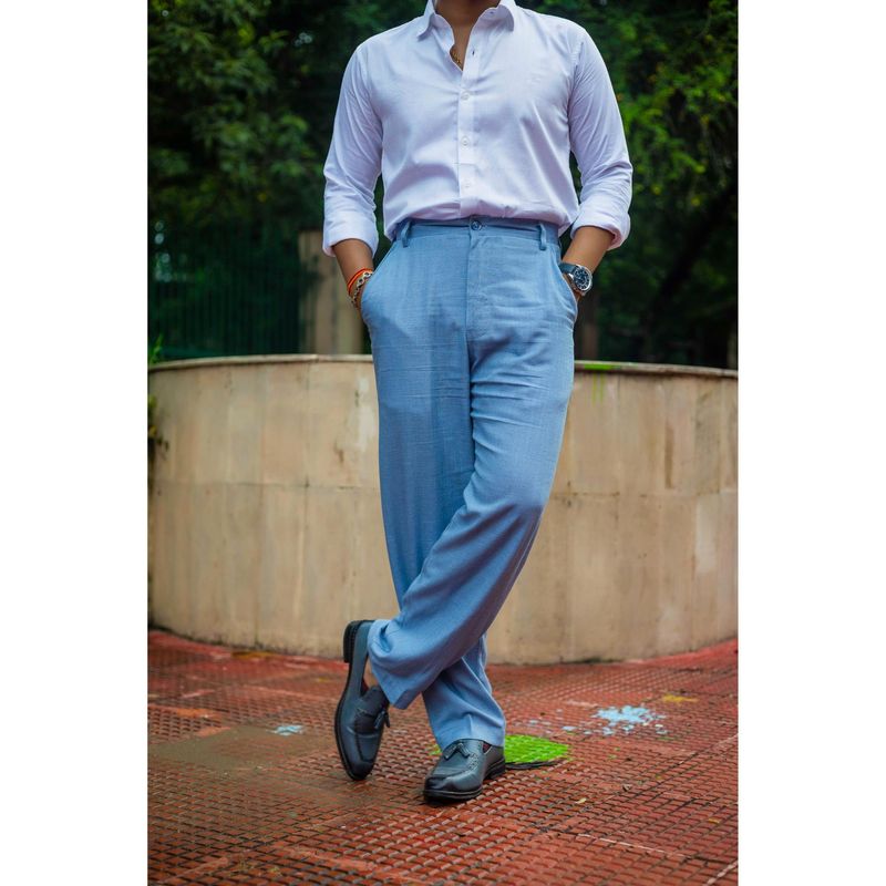 JAVINISHKA Light Blue High Waist Korean Fit Linen Trouser (28)