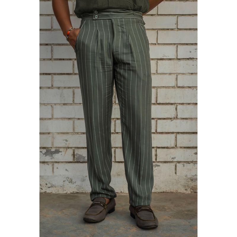 JAVINISHKA Stripes Olive Tapered Fit Gurkha Pant with Waist Adjusters (28)
