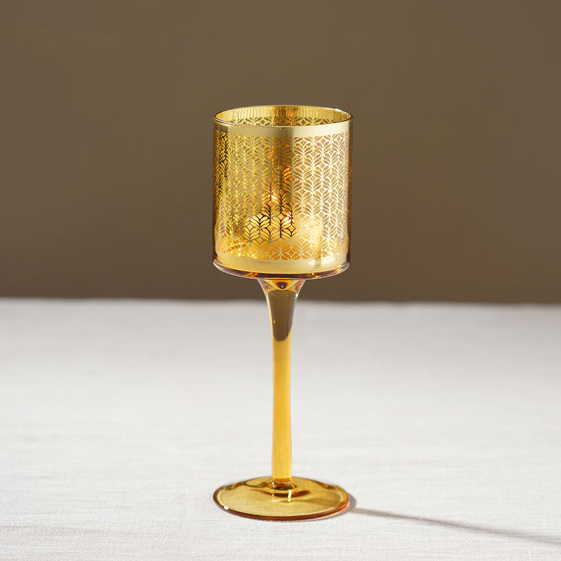 Pure Home + Living Gold Pattern Glass Stem Candle Holder (M)