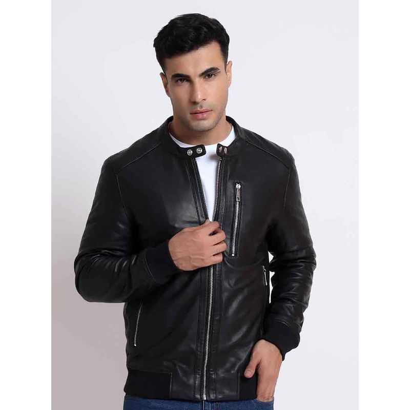Saint G Haden Men Black Leather Skull Bomber Jacket (S)