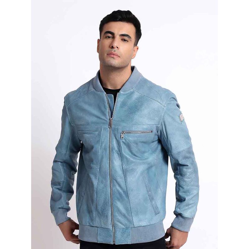 Saint G Jenson Blue Leather Men Bomber Jacket (S)