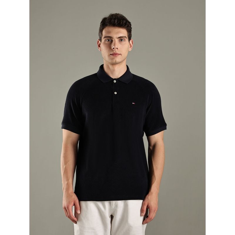 Tommy Hilfiger Navy Blue Solid Regular-Fit Cotton Polo T-shirt (S)