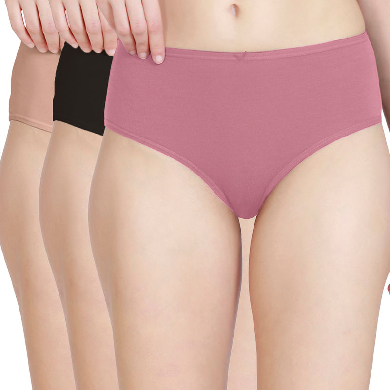 Nykd by Nykaa Cotton Hipster Panties with Anti Odor-NYP033 Dusty Pink Black Nude (Pack of 3) (S)