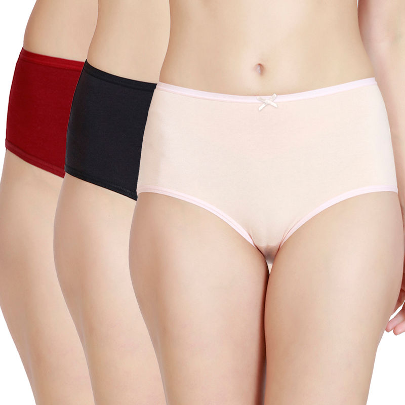 Nykd by Nykaa Cotton Full Brief Panties with Anti Odor NYP036-Black Nude Maroon (Pack of 3) (L)