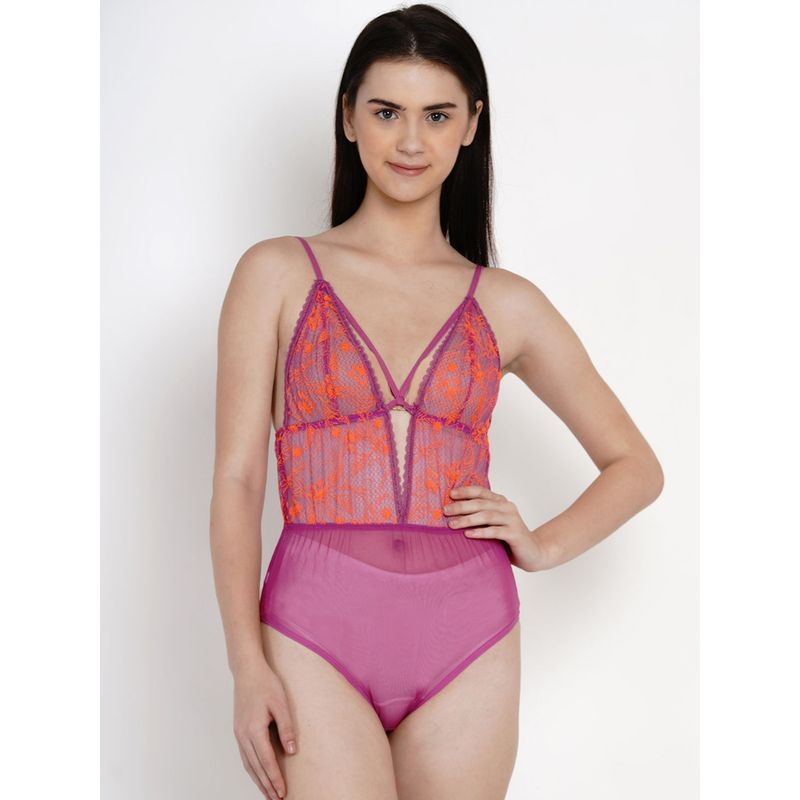 AOBA Women Pink & Orange Sheer Net Embroidered Detail Bodysuit (L)