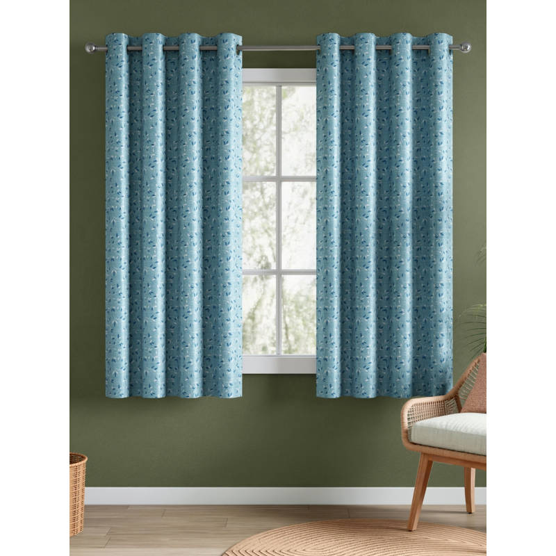 RIVERMOOR Leaf Drift Blue Polyester Printed Window Curtains (Pack of 2) (5 Feet)