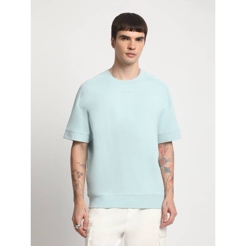 THE BEAR HOUSE Men Blue Solid Drop Shoulder Relaxed Fit Cotton T-Shirt (2XL)
