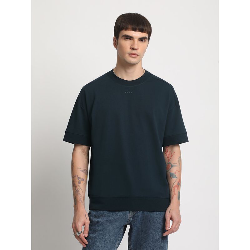 THE BEAR HOUSE Men Blue Solid Drop Shoulder Loose Fit Cotton T-Shirt (2XL)