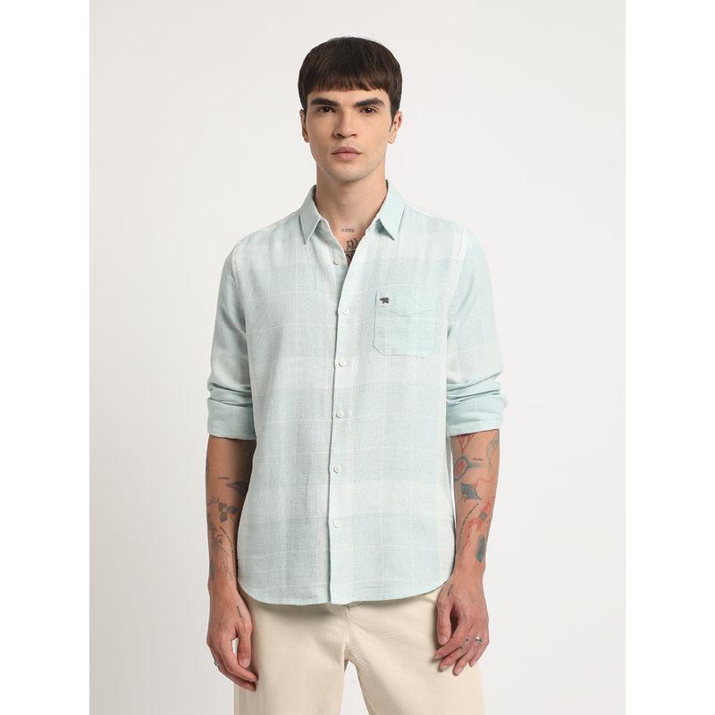 THE BEAR HOUSE Men Blue Checked Fit Cotton Casual Shirt (L)