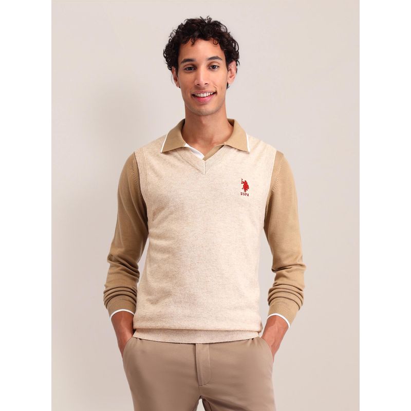 U.S. POLO ASSN. Cream Textured V-Neck Sweaters (M)