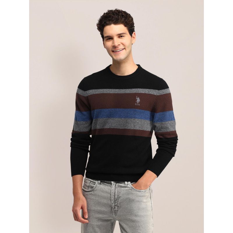 U.S. POLO ASSN. Black Stripes Full Sleeves Round Neck Sweaters (S)