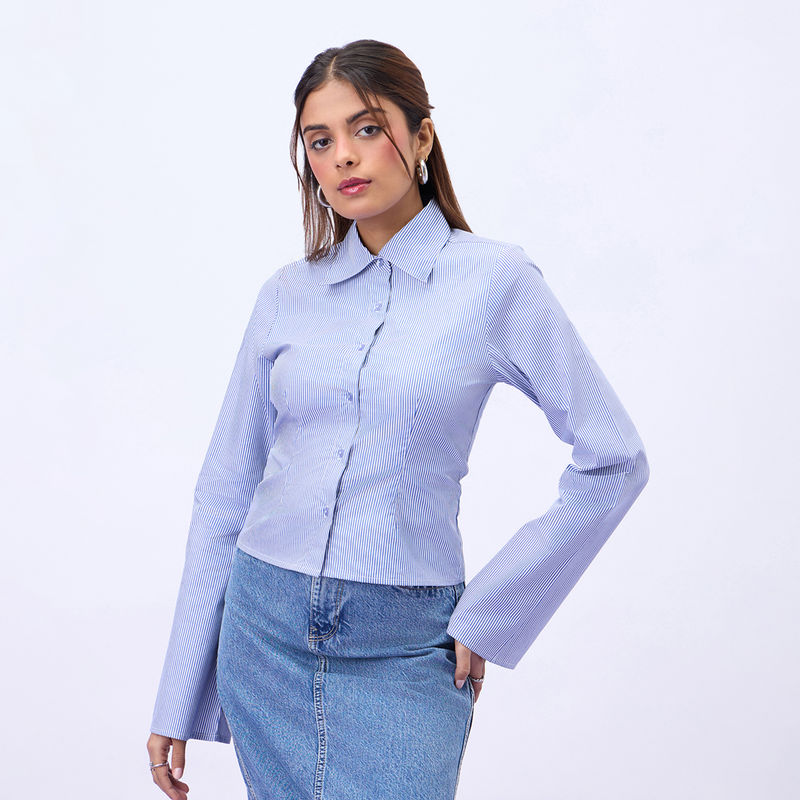 MIXT by Nykaa Fashion Blue and White Pin Stripe Full Sleeves Shirt (XS)