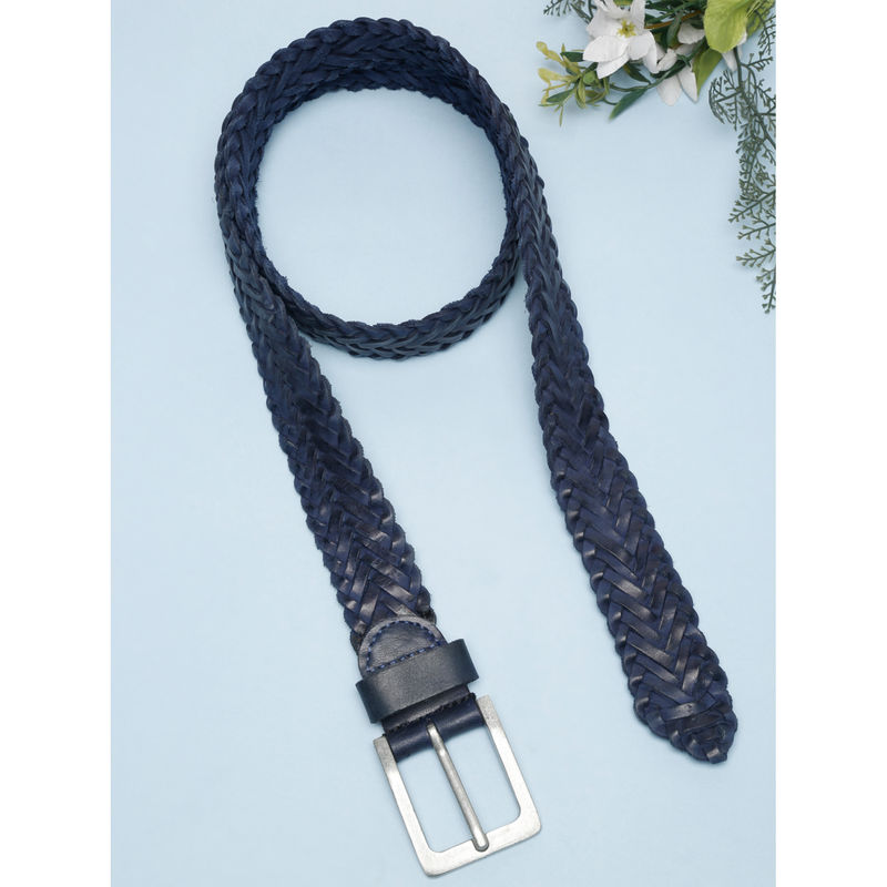 Teakwood Blue Solid Genuine Leather Braided Belt - 36