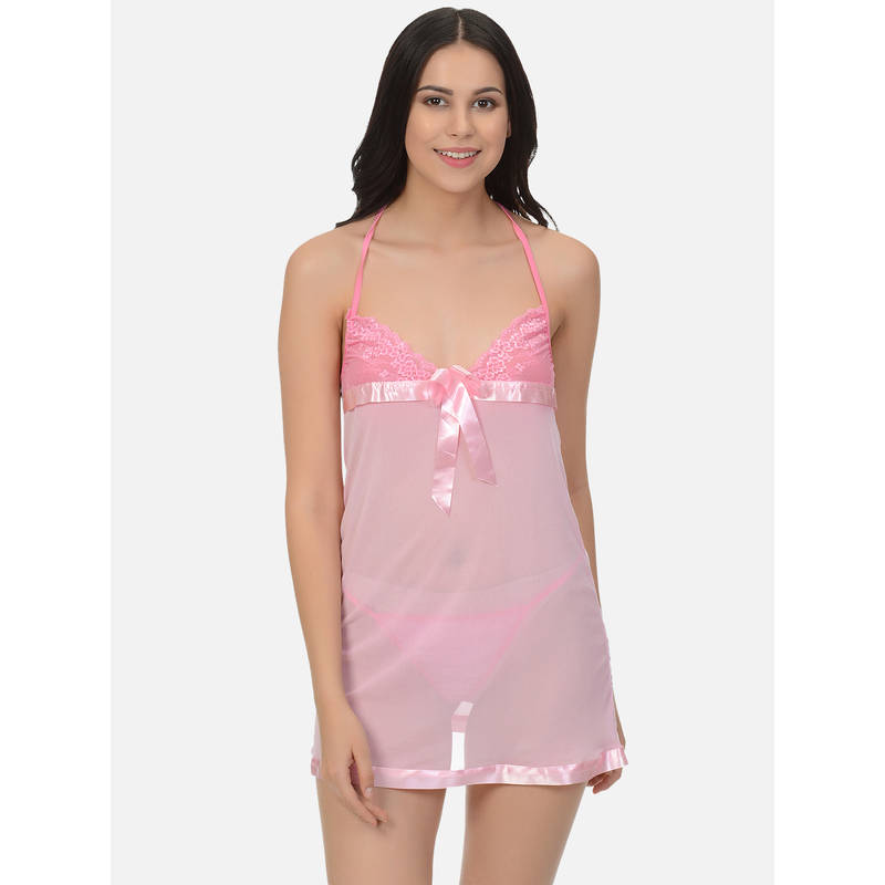 Mod & Shy Pink Sexy Mesh Net Nightwear Baby doll Dress With G-String (XS)
