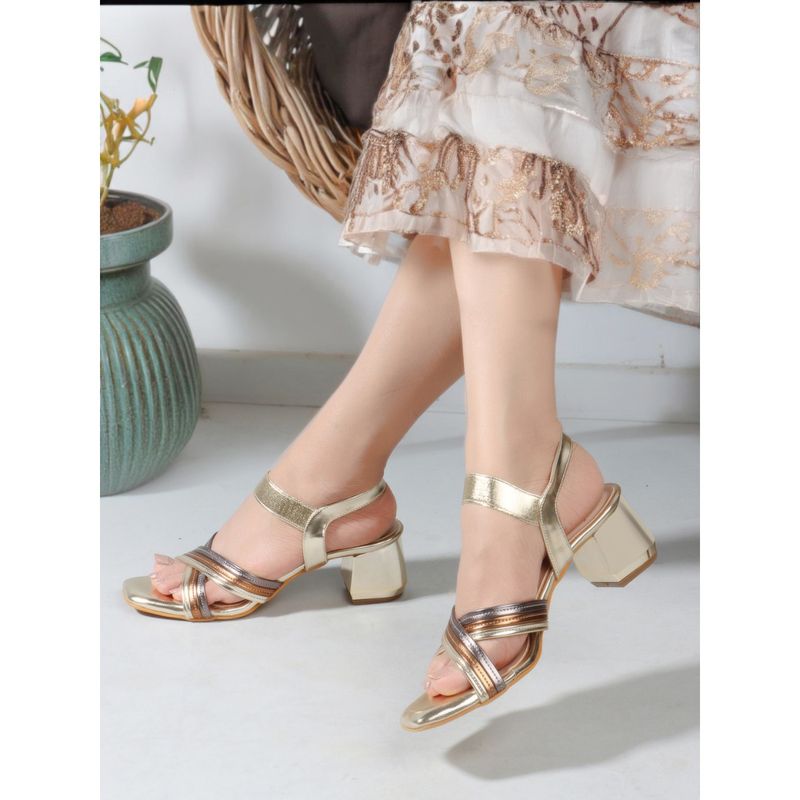 Carlton London Gold Slip On Square Toe Women Heel Sandals (EURO 37)