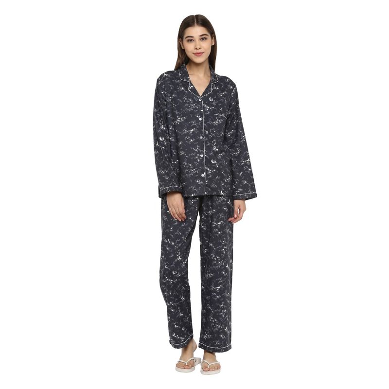 Shopbloom Cotton-Flannel Print | Long Sleeve with Pajama Set | Women's Night Suit - Grey (S)