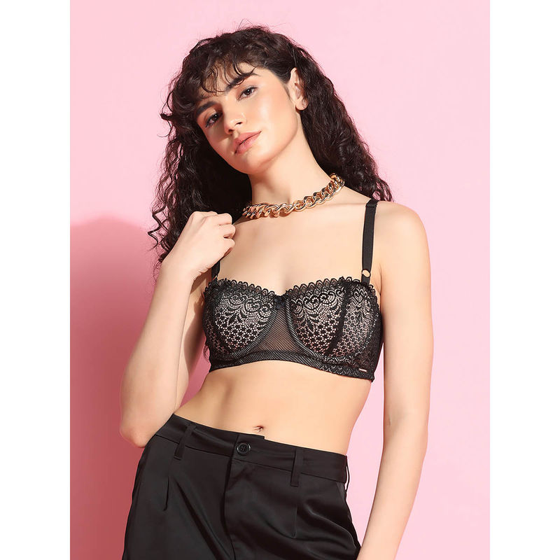 Da Intimo Black Lace Design Underwired Balconette Bra (34D)