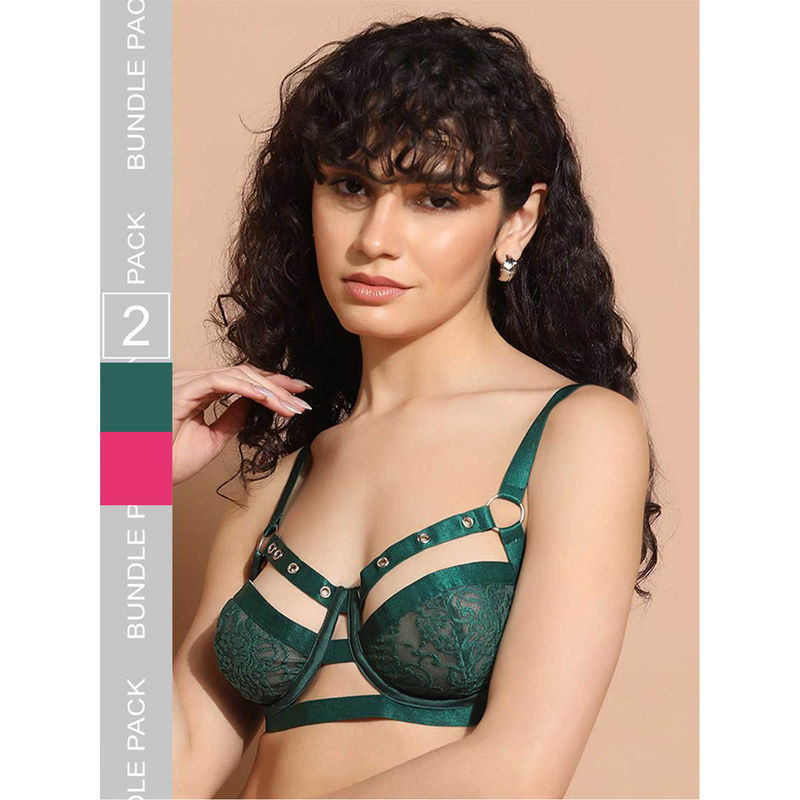 Da Intimo Pink & Green Rivet Design Underwired Bras (Pack of 2) (38E)