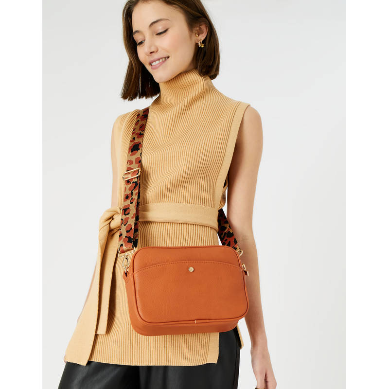 Accessorize London Women's Faux Leather Orange Leopard strap camera Sling bag