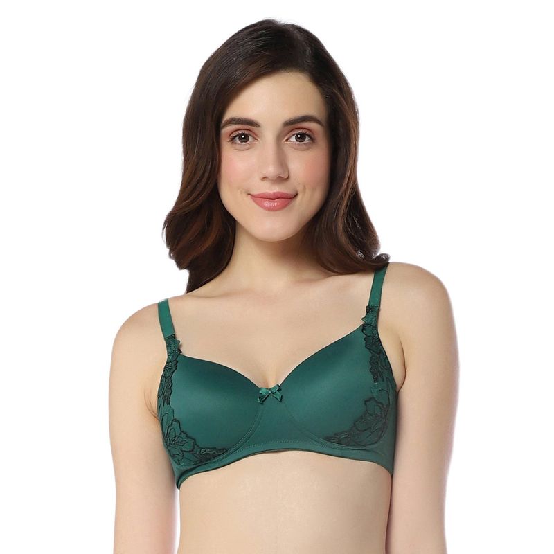 Amante Solid Padded Non-Wired Full Coverage Floral Chic T-Shirt Bra- Green (32D)