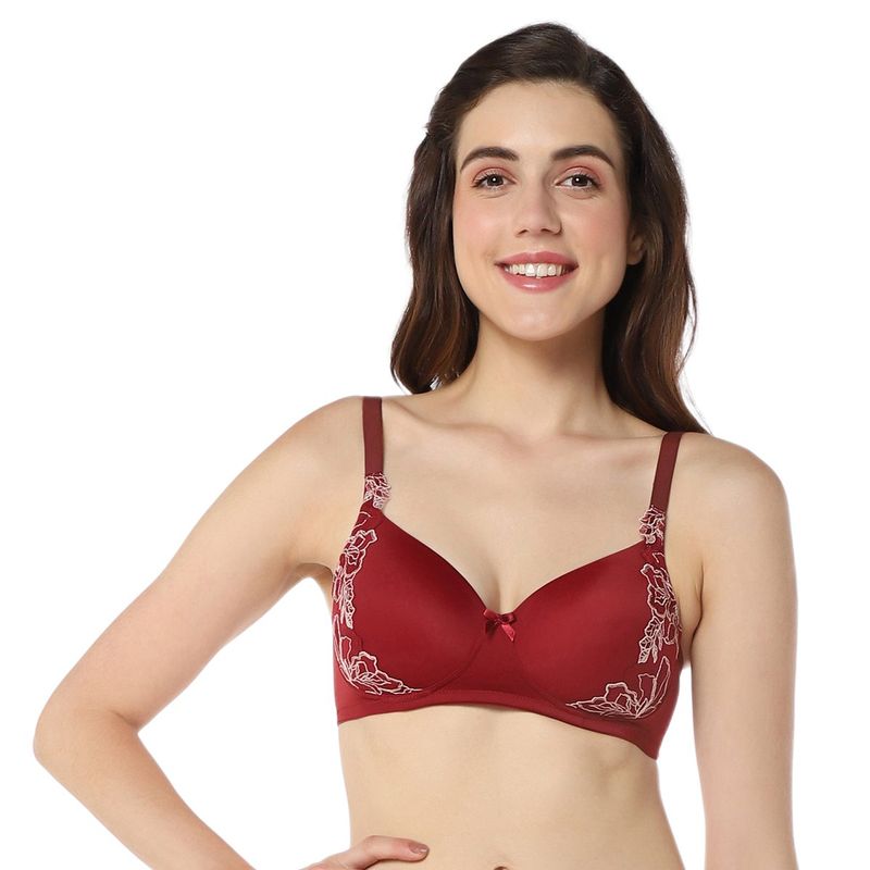 Amante Solid Padded Non-Wired Full Coverage Floral Chic T-Shirt Bra- Red (32B)